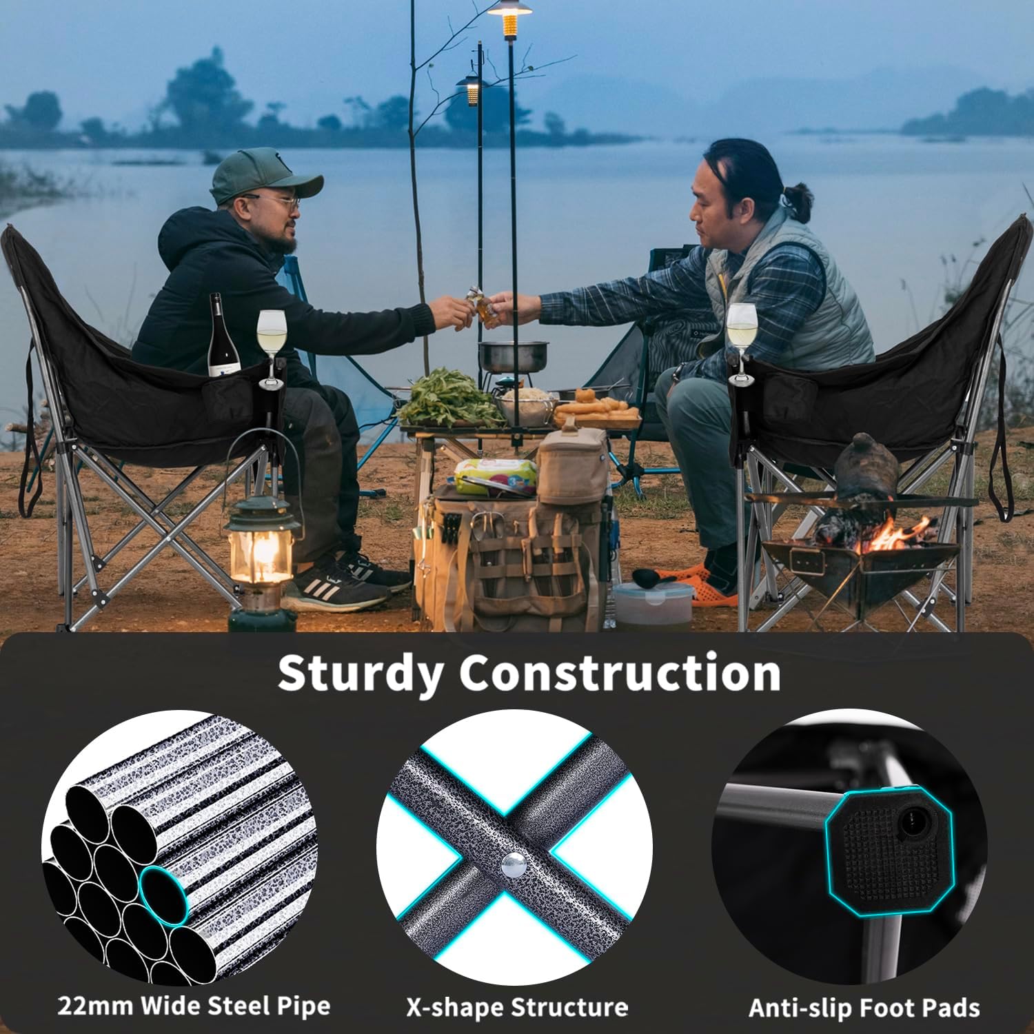 Oversized XL Camping Chairs for Adults Heavy Duty Support 500 lbs Outdoor Folding Chairs Padded Portable Lawn Chairs Camp Chairs with Cup Holder - Image 4