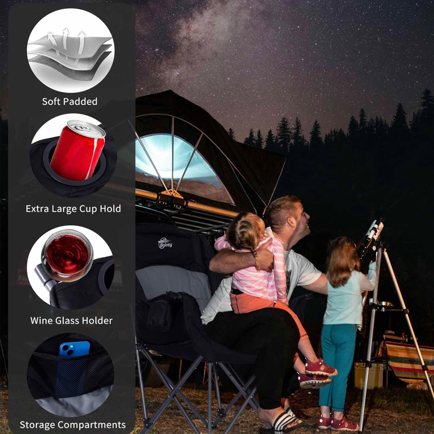 Oversized XL Camping Chairs for Adults Heavy Duty Support 500 lbs Outdoor Folding Chairs Padded Portable Lawn Chairs Camp Chairs with Cup Holder - Image 5